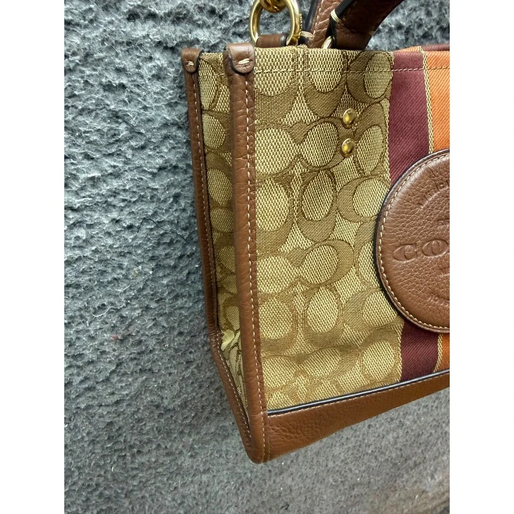 Coach Dempsey Tote Bag Signature Jacquard Stripe Coach Patch C8417 Khaki Red